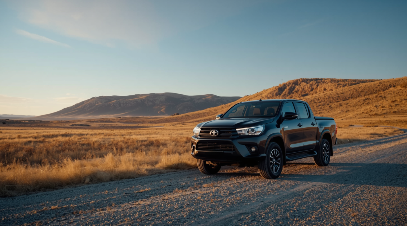 Toyota truck on a dirt road with mountains in the background