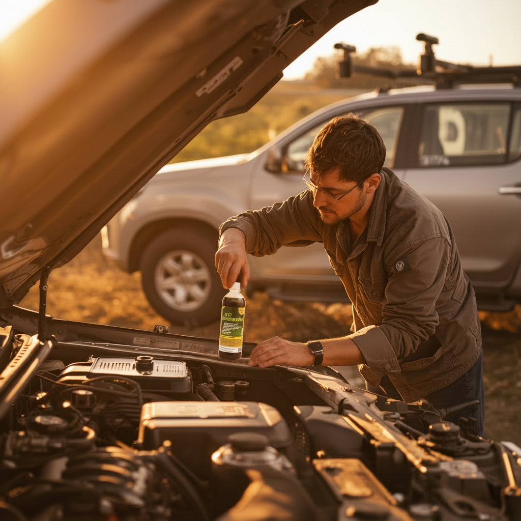 Man checking car engine with a bottle of oil in an outdoor setting